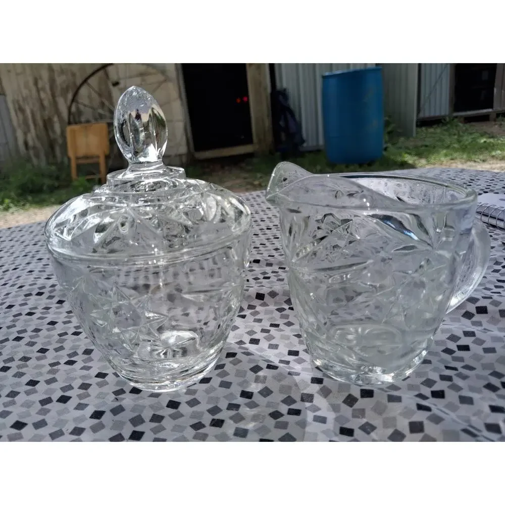 Vintage Anchor Hocking Sugar Bowl With Lid And Creamer Starburst - Star Of David